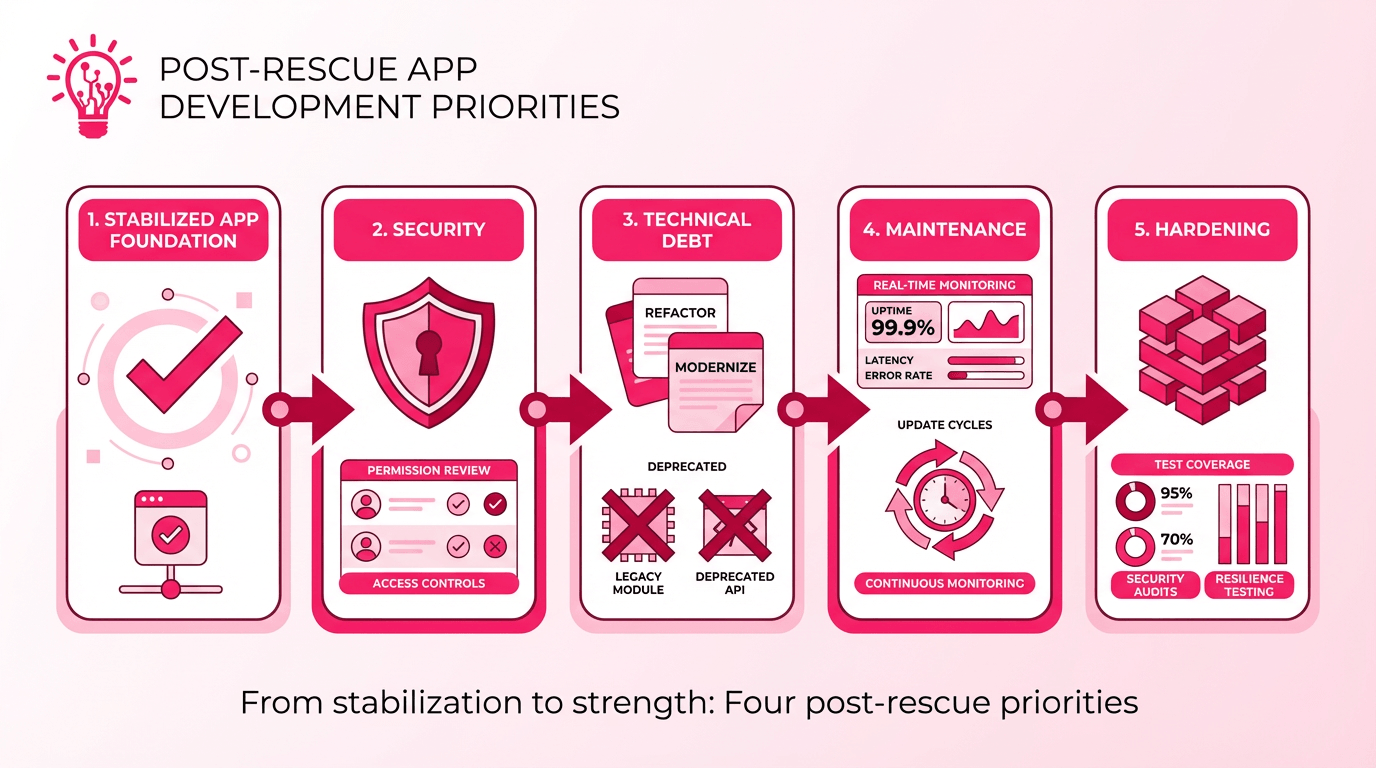Horizontal illustration showing a stabilized app moving through four post-rescue phases: security review, technical debt cleanup, maintenance, and long-term hardening.