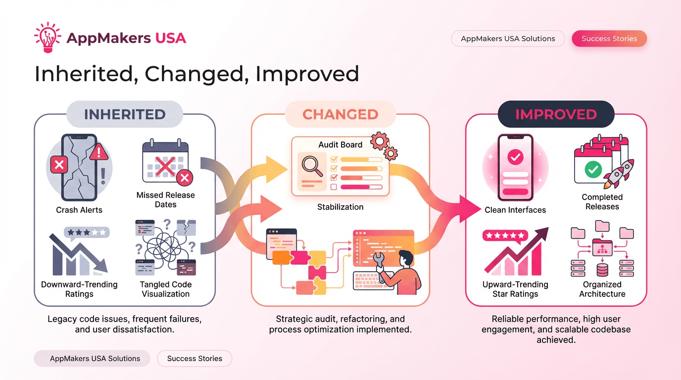 Horizontal illustration showing an app rescue case study with before-and-after stages: inherited product issues, rescue intervention, and measurable business outcomes