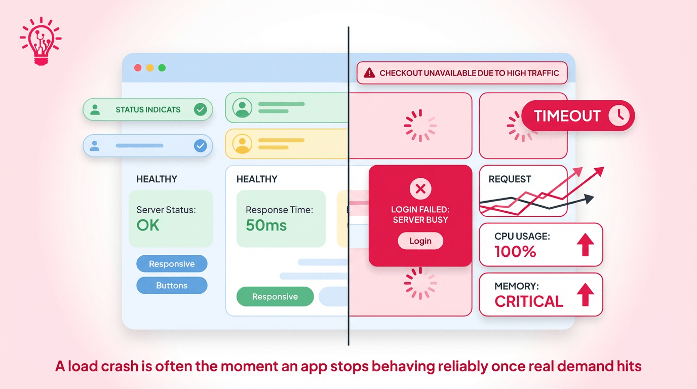 Horizontal illustration showing an app working normally under light traffic on one side and failing under heavy load with timeouts, overload warnings, and broken user flows on the other