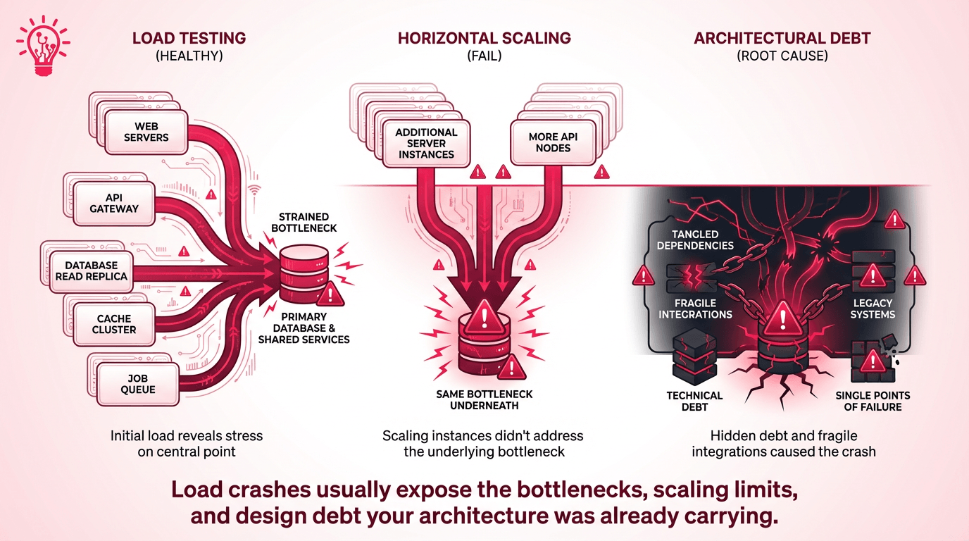 Horizontal illustration showing a traffic spike exposing hidden bottlenecks, false scaling fixes, and deeper architecture debt inside an overloaded app system