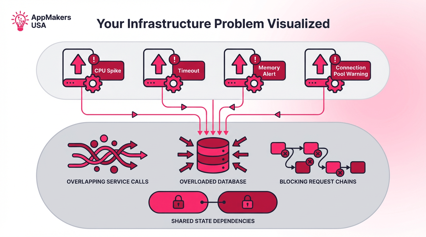 Horizontal illustration showing multiple servers added to scale an app while hidden architecture bottlenecks underneath still cause CPU spikes, timeouts, and overloaded dependencies