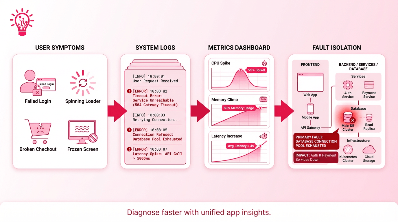 Horizontal illustration showing a load crash diagnosis flow from user-visible symptoms to logs, metrics, and frontend-versus-backend fault isolation