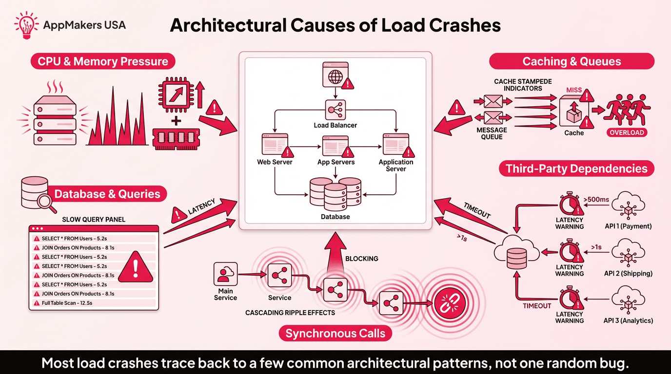 Horizontal illustration showing five common architectural causes of app crashes under load: CPU and memory pressure, database design problems, synchronous service coupling, slow third-party dependencies, and cache or queue failures