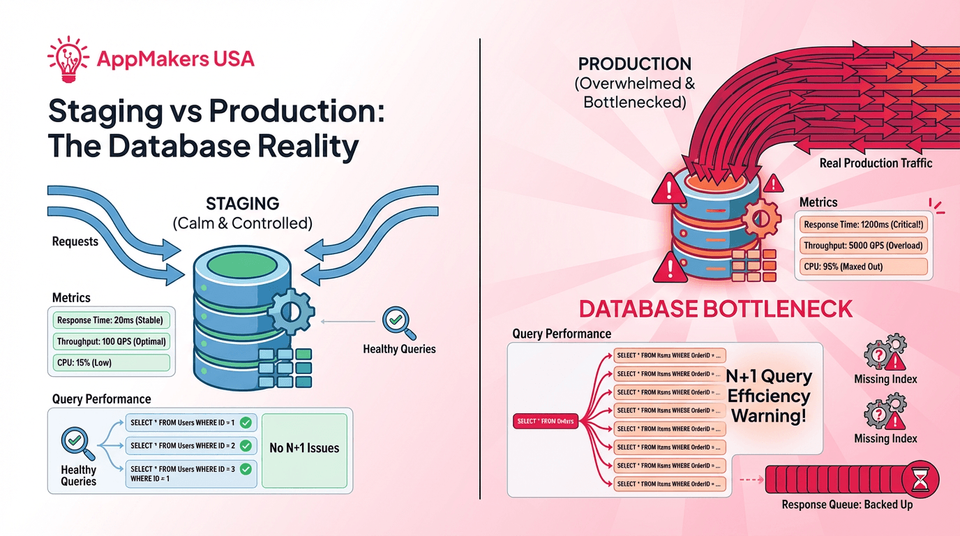 Horizontal illustration showing a database working normally under light traffic on one side and becoming a bottleneck under heavy load because of slow queries, missing indexes, overloaded tables, and N+1 query patterns