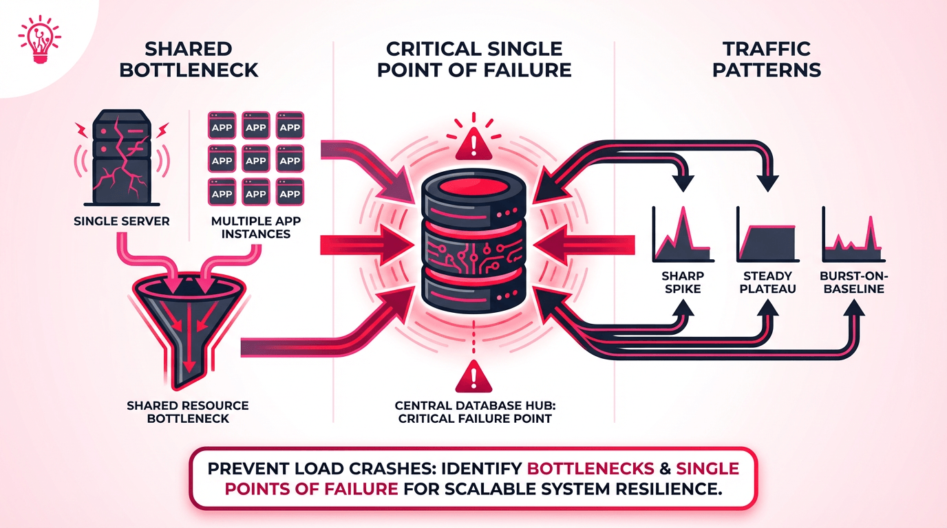 Horizontal illustration showing how a load crash exposes weak scaling strategy through vertical versus horizontal scaling limits, a single point of failure, and different traffic load profiles