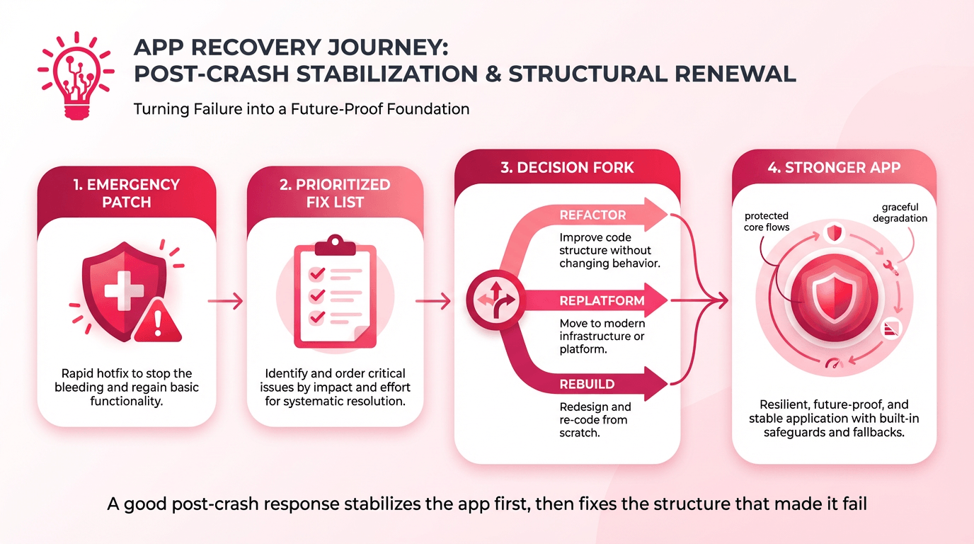 Horizontal illustration showing post-crash app recovery moving from emergency fixes to prioritized structural improvements and graceful degradation