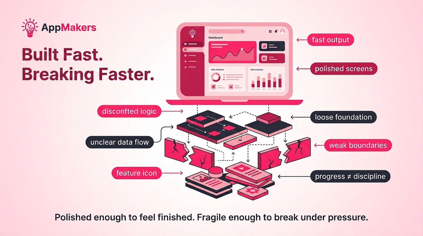 Illustrated laptop showing a polished app on the surface with loose structure, unclear data flow, and weak boundaries underneath, explaining what vibe-coded apps really are.