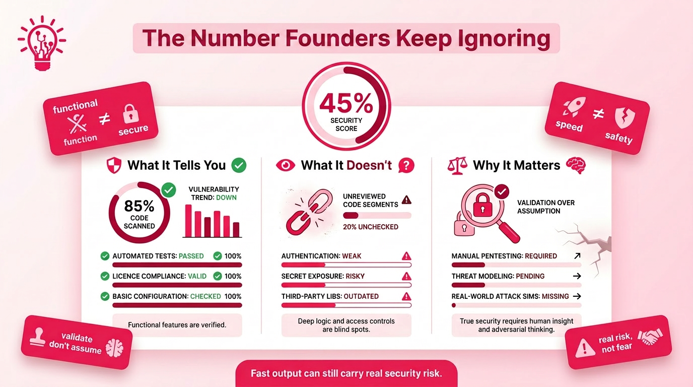 Three-column editorial dashboard showing what the 45% AI code security figure tells founders, what it does not tell them, and why it still matters for apps built with AI-generated code.