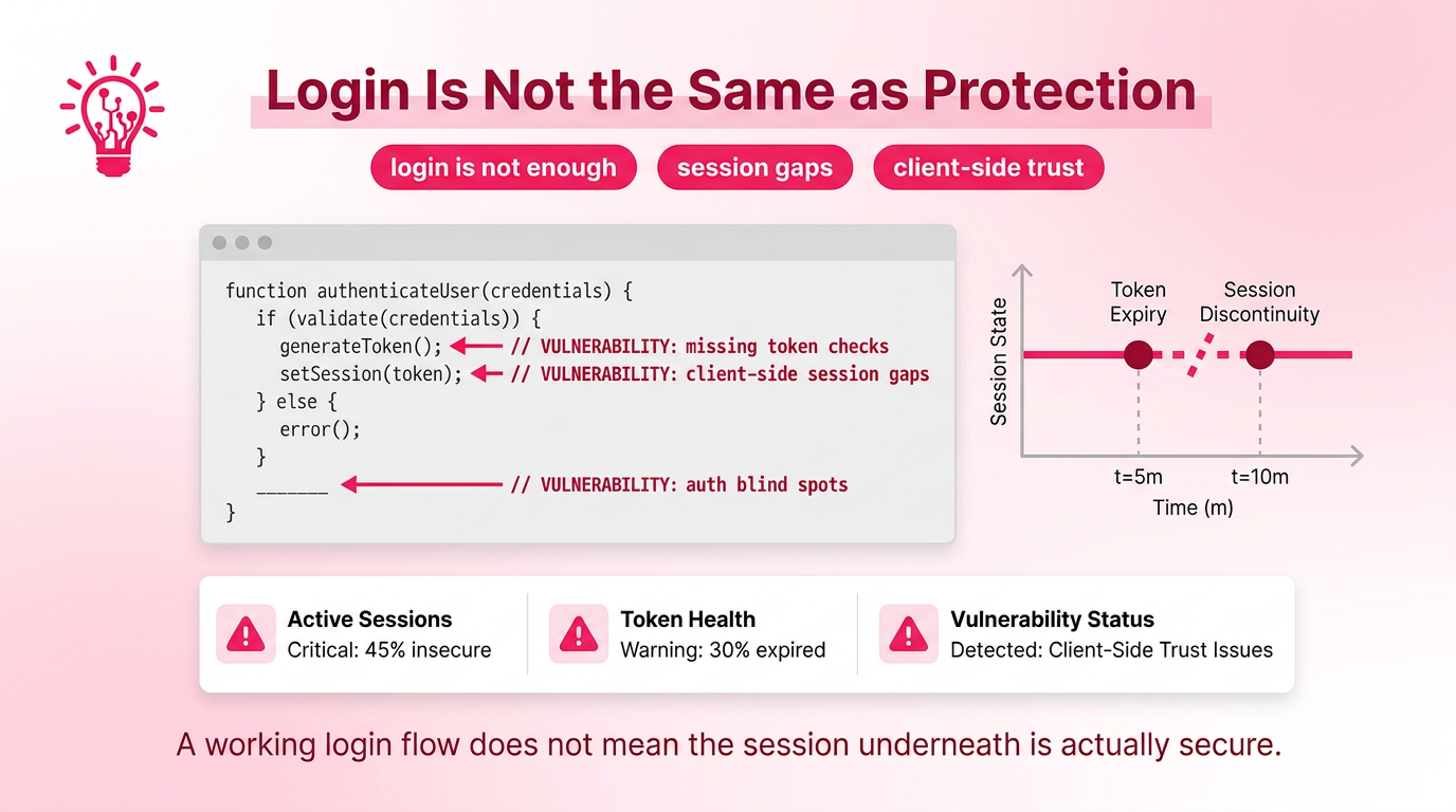 Code editor screenshot showing weak authentication logic and session handling gaps, with a session timeline graph and warning indicators highlighting where protection breaks down