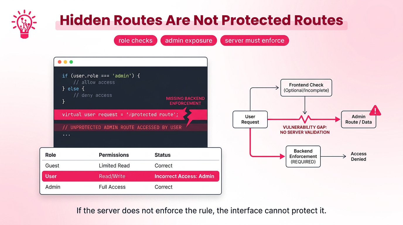 Code editor screenshot showing broken access control logic with a permission flowchart and data panel highlighting where a normal user incorrectly reaches a restricted admin route