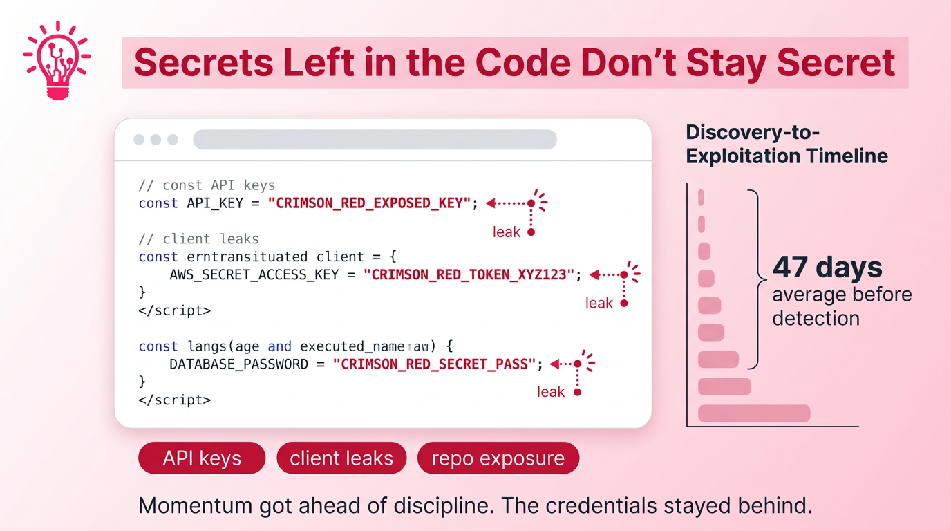 Code editor screenshot showing exposed API keys and credentials in repo files and client-side code, with a stat panel showing how long leaked secrets typically remain active after exposure.