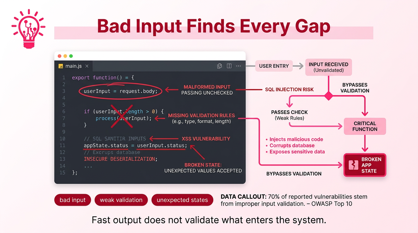 Code editor screenshot showing unsafe input handling and validation gaps, with a bad input flow diagram and data callout highlighting how often apps carry input validation weaknesses