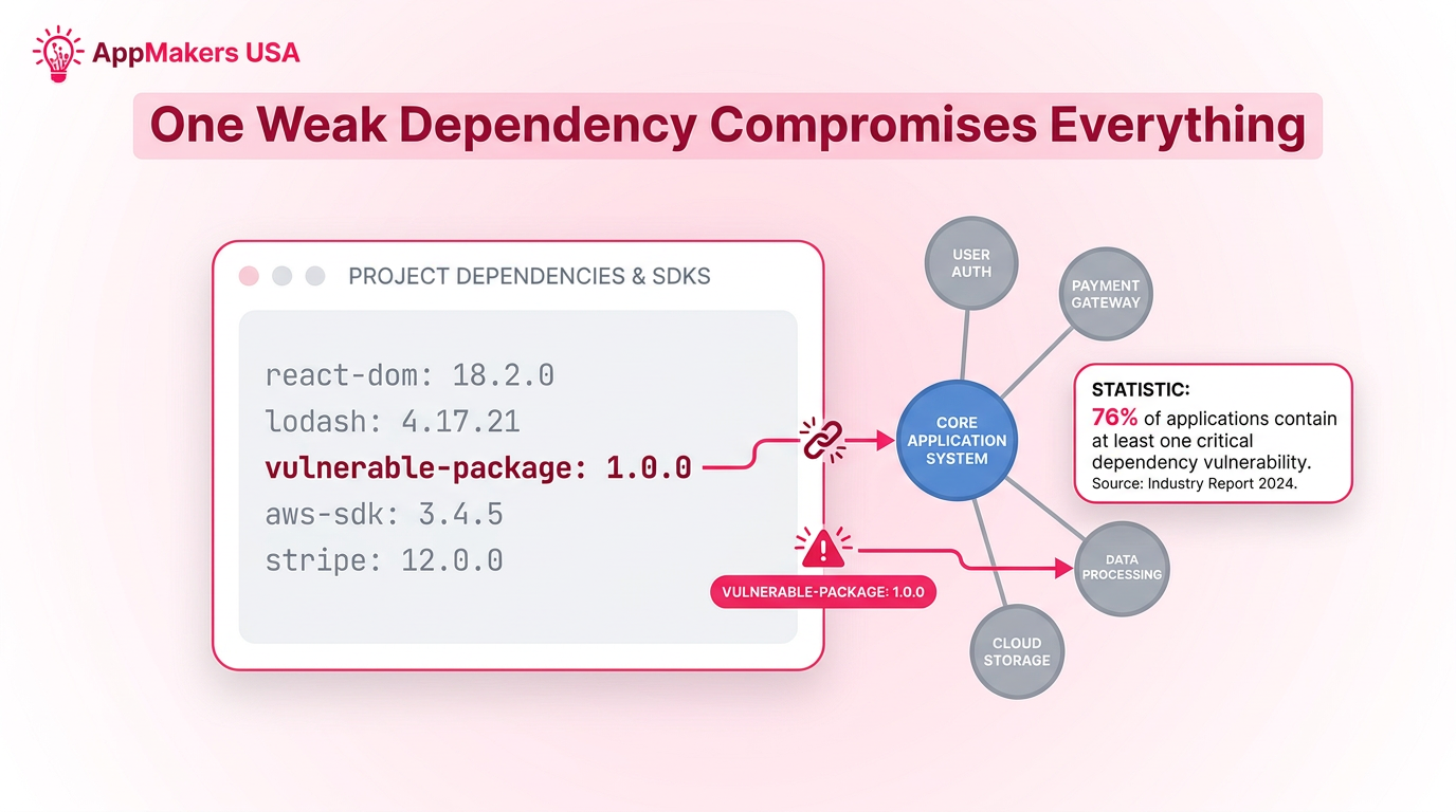 Package manager screenshot showing a flagged outdated dependency with a network diagram illustrating how one weak third-party component connects into and risks the broader product