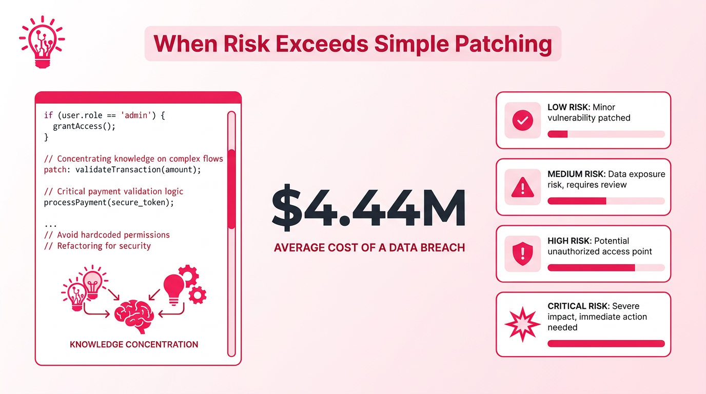 Code editor and risk dashboard showing four escalating signals — customer data in use, live payment flows, patches creating new issues, and single-owner knowledge — with a stat callout on average breach cost illustrating when a security-focused dev team becomes necessary