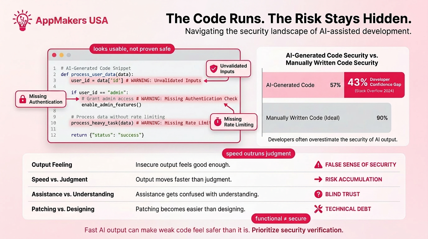 Code editor screenshot showing AI-generated code with highlighted security gaps, a bar chart comparing