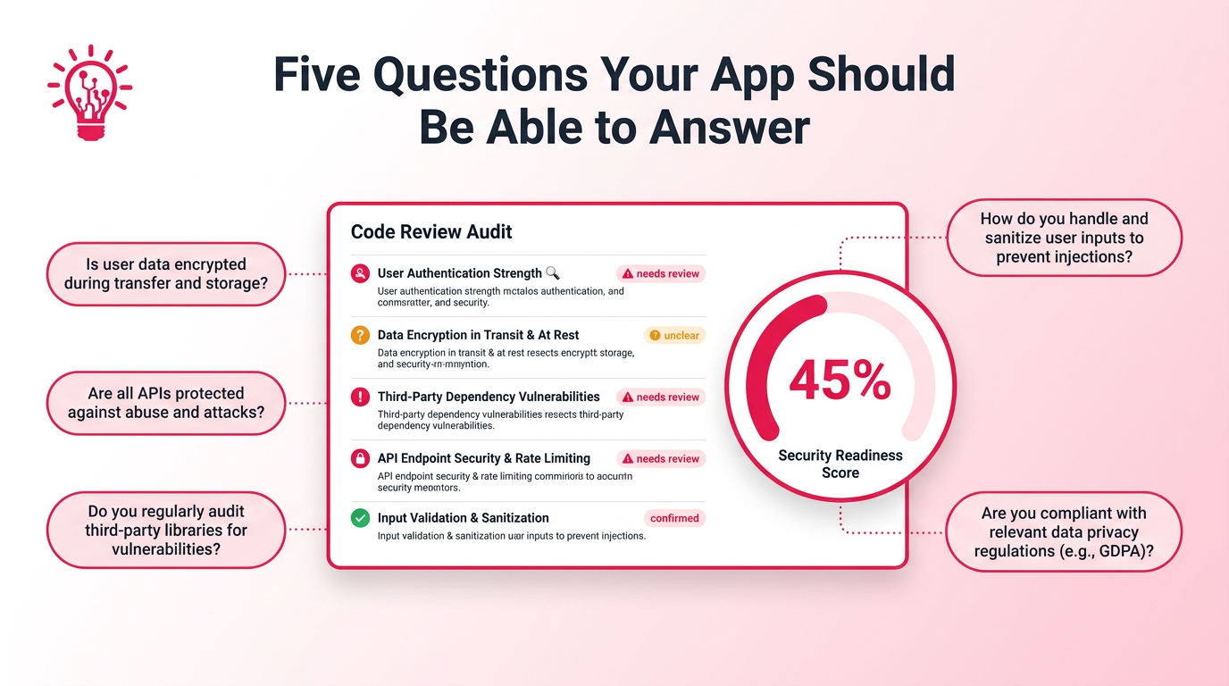 Code audit screenshot showing five security self-check items with status indicators, a 45% risk gauge, and a stat callout from Veracode's 2025 report helping founders assess whether their app needs a closer security review