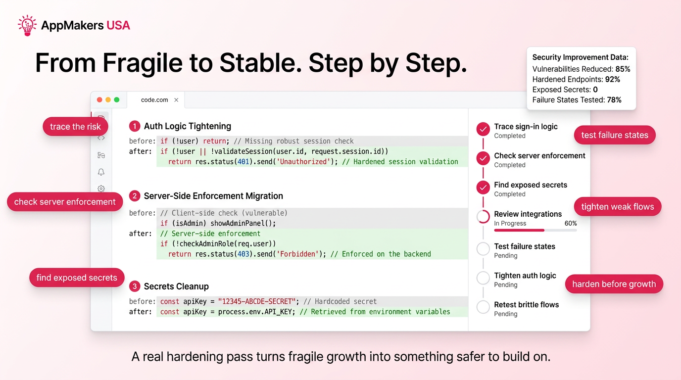 Code editor screenshot showing a security hardening workflow in progress with before and after diff markers, a 7-step hardening pipeline with completion status, and a stat callout showing security baseline improvement