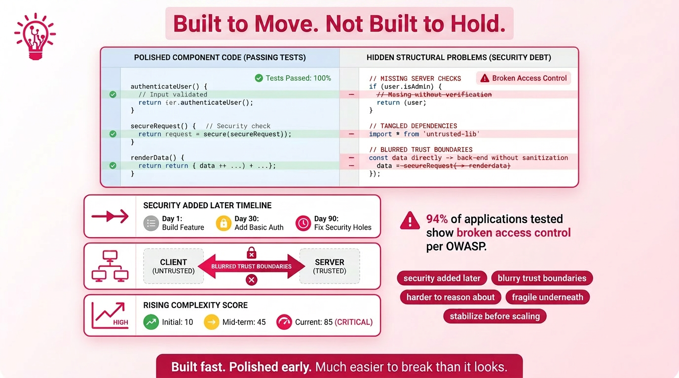 Split code editor screenshot contrasting polished surface code against weak server enforcement and blurry trust boundaries underneath, with a three-row risk data panel and OWASP stat callout showing why fast-built apps break under real use